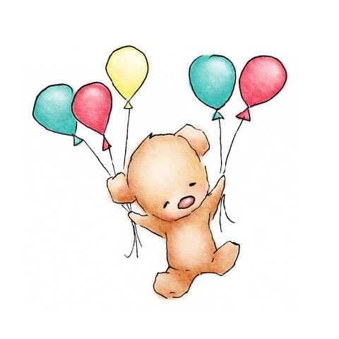 Baby Bear flying with colorfull balloons